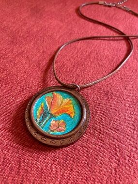 Oil Painted Art Pendant Necklace Original Signed California Poppies